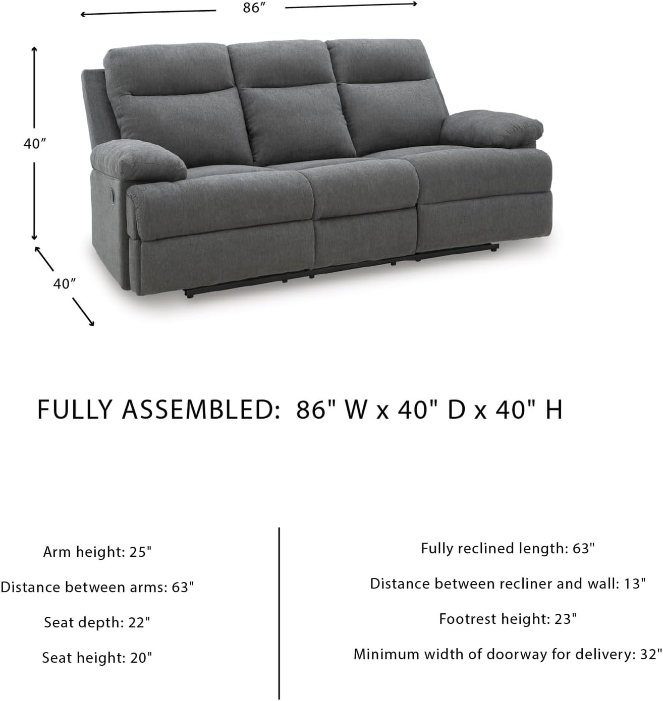 Signature Design by Ashley Yarrow Lane Classic Chenille Manual Pull Tab Reclining Sofa with Drop Down Table and USB Charging, Gray
