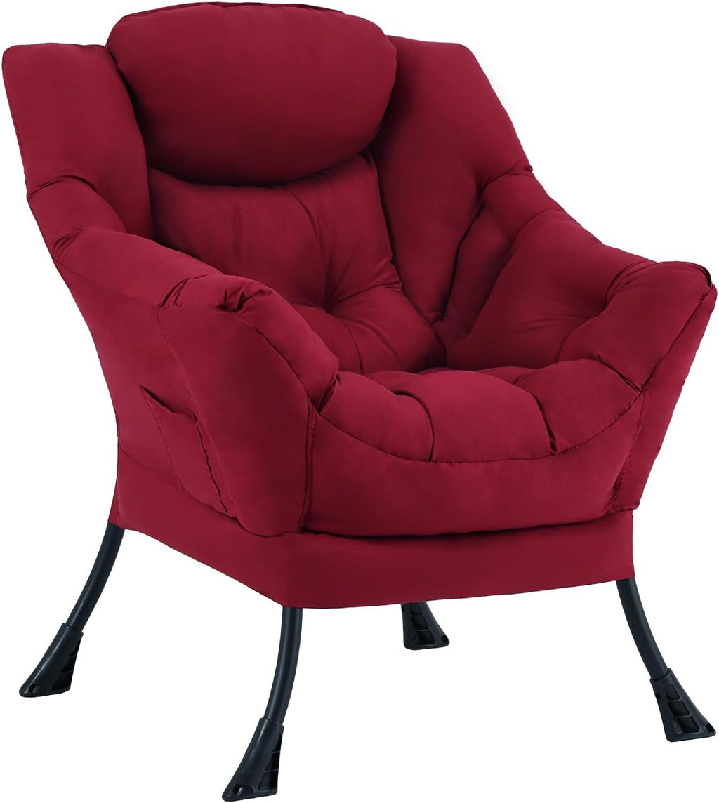 MBOOYOME Lazy Chair, Modern Soft Reading Chair Accent Contemporary Sofa Chair with Armrests and a Side Pocket for Living Room, Bedroom, Dorm & Office, Burgundy