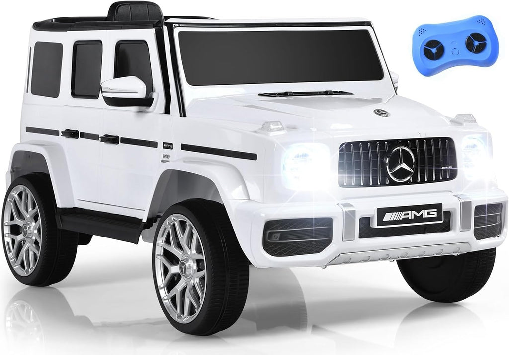 INFANS Licensed Mercedes Benz G63 Kids Ride On Car, 12V Electric Vehicle with Remote Control, Double Open Doors, Music, Bluetooth, Wheels Suspension, Battery Powered for Children Boy Girl (White)