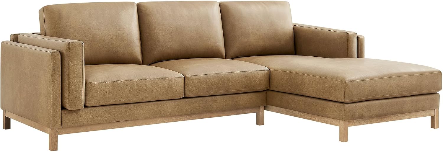Modway Roscoe Right-Facing Sectional Sofa with Chaise in Toast - 2-Piece Faux Leather Upholstered Deep Seat Couch, L Shaped Modular for Living Room or Lounge