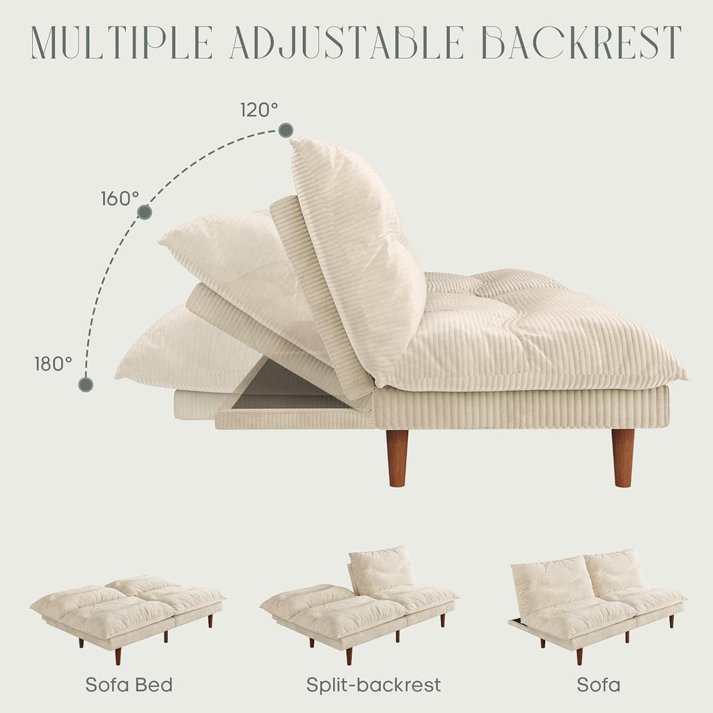 DreamDashio Futon Sofa Bed, 69 inch Futon Couch with Adjustable Backrest, Corduroy Convertible Sleeper Sofa Bed, Folding Sleeper Recliner for Apartment, Living Room, Office, Beige
