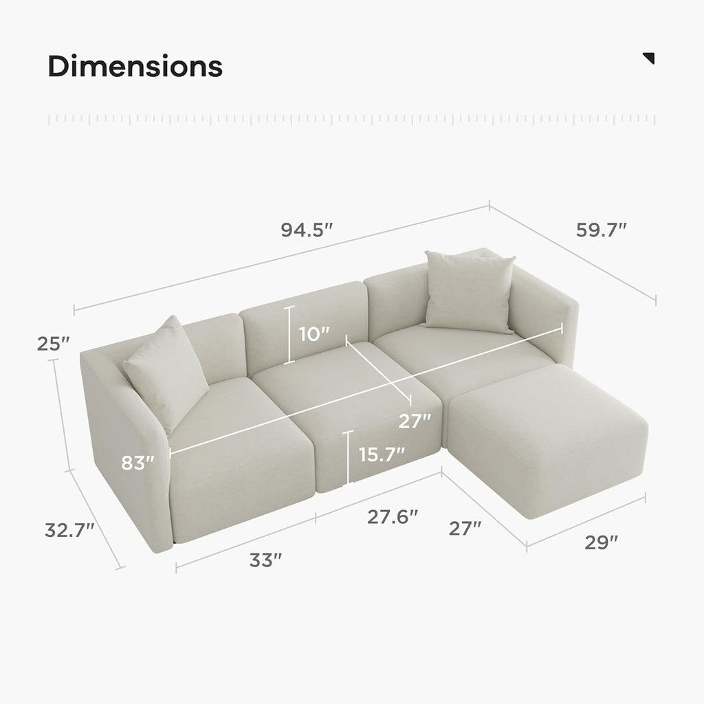 Acanva Luxury L-Shaped Upholstery Convertible Modular Sectional Sofa, Contemporary Reversible Couch with Chaise Lounge for Living Room, Apartment, Linen-Like Cream