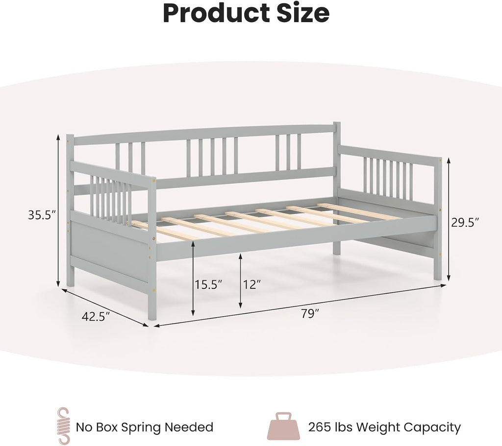 Giantex Twin Daybed Frame, Wooden Sofa Bed Guest Bed with Rails & Wood Slat Support, Dual-use Twin Size Platform Bed Frame for Living Room Bedroom, No Box Spring Needed, Grey