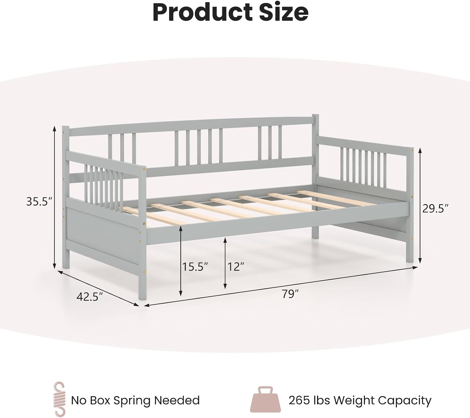 Giantex Twin Daybed Frame, Wooden Sofa Bed Guest Bed with Rails & Wood Slat Support, Dual-use Twin Size Platform Bed Frame for Living Room Bedroom, No Box Spring Needed, Grey