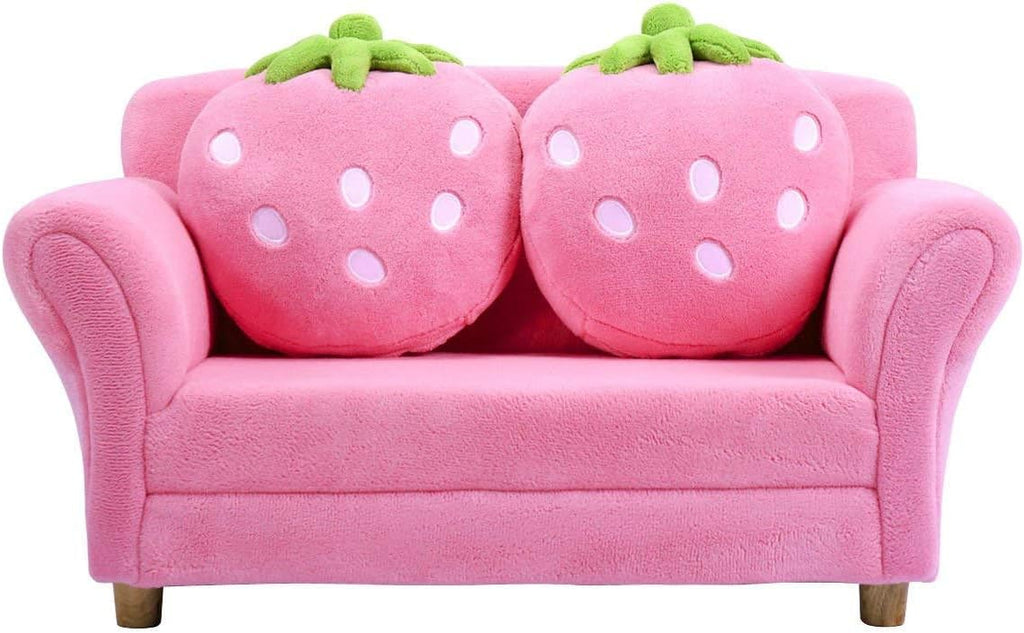 Costzon Kids Couch, Double Seat Pink Children's Sofa with 2 Strawberry Pillows, Toddler Armrest Chair for Bedroom, Living Room, Large Soft for Kids Loveseat for Baby Girls Pets Preschool Gifts