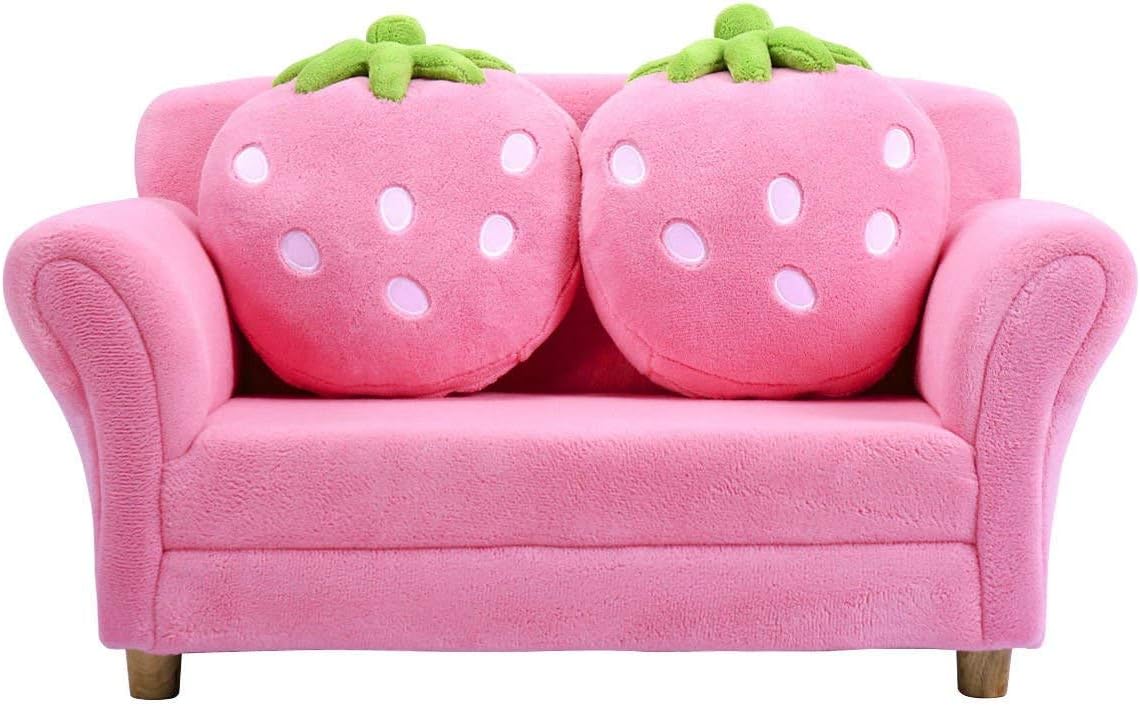 Costzon Kids Couch, Double Seat Pink Children's Sofa with 2 Strawberry Pillows, Toddler Armrest Chair for Bedroom, Living Room, Large Soft for Kids Loveseat for Baby Girls Pets Preschool Gifts