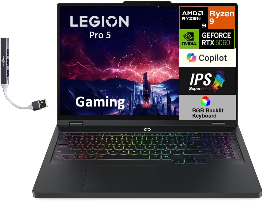 Lenovo Legion Pro 5 AI-Powered Copilot+ Gaming Laptop 16.0' 240 Hz IPS WQXGA (2560x1600) (AMD Ryzen 9 8945HX, GeForce RTX 5060 8GB, 32GB DDR5, 2TB SSD, 24-Zone RGB KB, Win11H) w/DKZ USB Port Expander