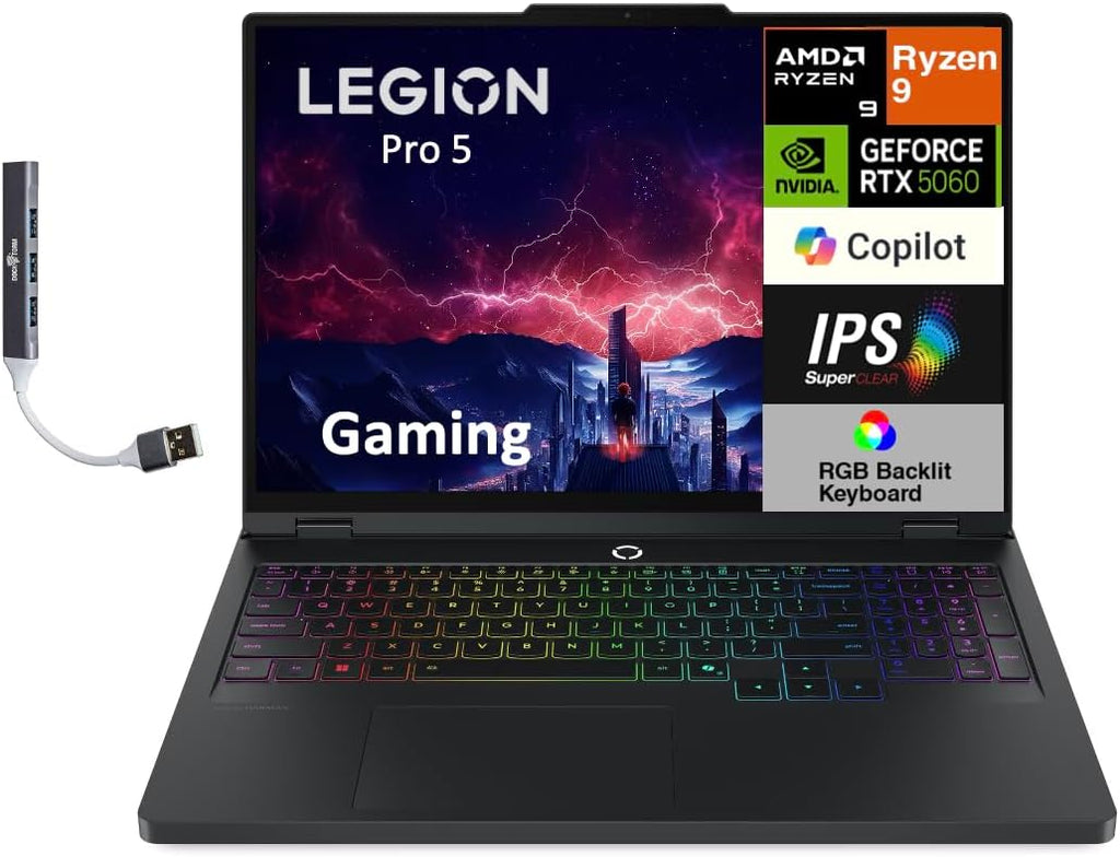 Lenovo Legion Pro 5 AI-Powered Copilot+ Gaming Laptop 16.0' 240 Hz IPS WQXGA (2560x1600) (AMD Ryzen 9 8945HX, GeForce RTX 5060 8GB, 64GB DDR5, 2TB SSD, 24-Zone RGB KB, Win11H) w/DKZ USB Port Expander
