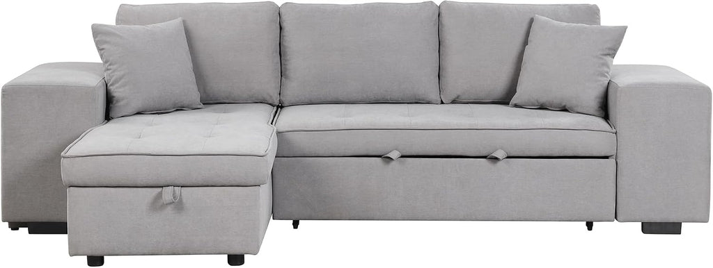 104.5 inch Reversible Sleeper Sectional Sofa with Pull Out Bed , Convertible L Shaped Sectional Couch with Storage Chaise and 2 Stools , Tufted Upholstered Pullout Sofa Bed for Living Room Apartment