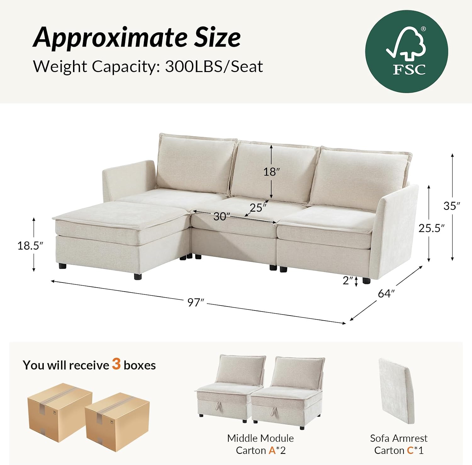 HULALA HOME 97'' Modular Sectional Sofa, L Shaped Couch with Storage Ottoman, Comfy Chenille Sofa with Deep Seat, 4 Seat Convertible Sectional Couches for Living Room, Beige
