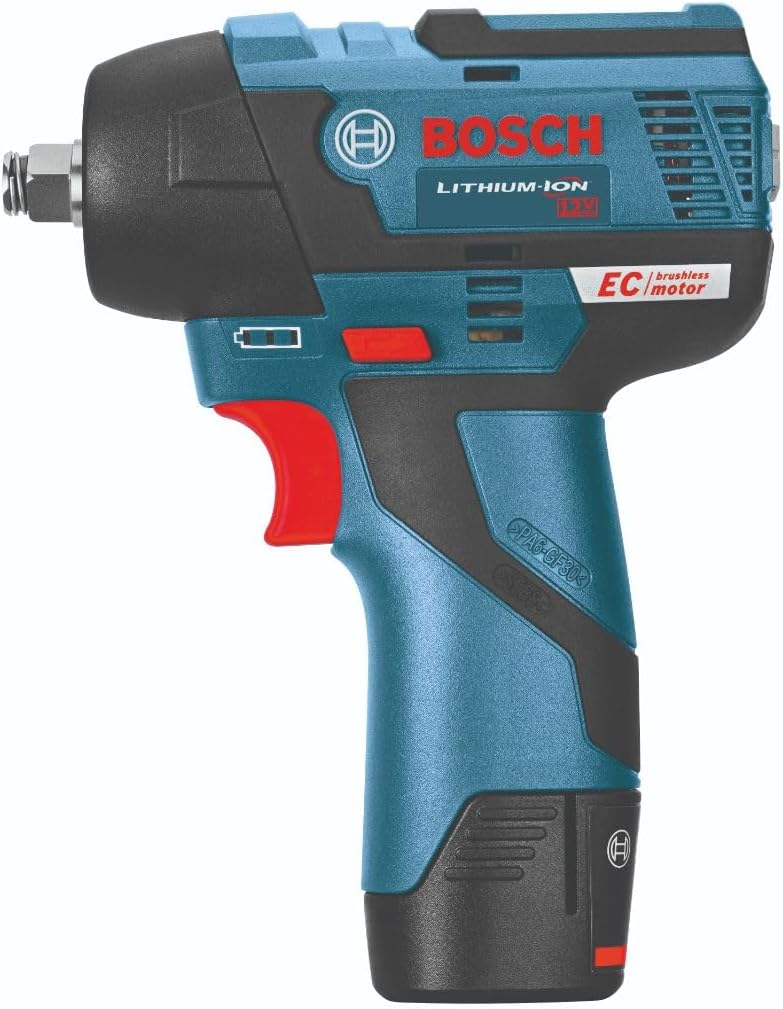 Bosch PS82-02 12V Max EC Brushless 3/8 In. Impact Wrench Kit - Compact, Lightweight, 85 Ft.-Lbs. Max Torque, Two Speed Settings, LED Light Ring, Includes Batteries, Charger, Belt Clip, Carrying Bag