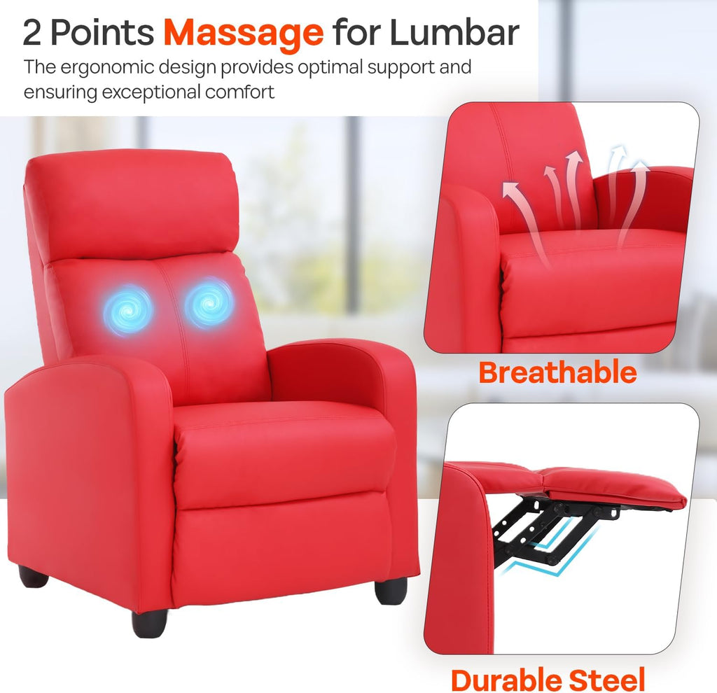 FDW Recliner Chair Massage Chair Reading Chair Reclining Sofa Home Theater Seating with Lumbar Support Massage and Padded Backrest for Living Room and Bedroom (Leather, Red)