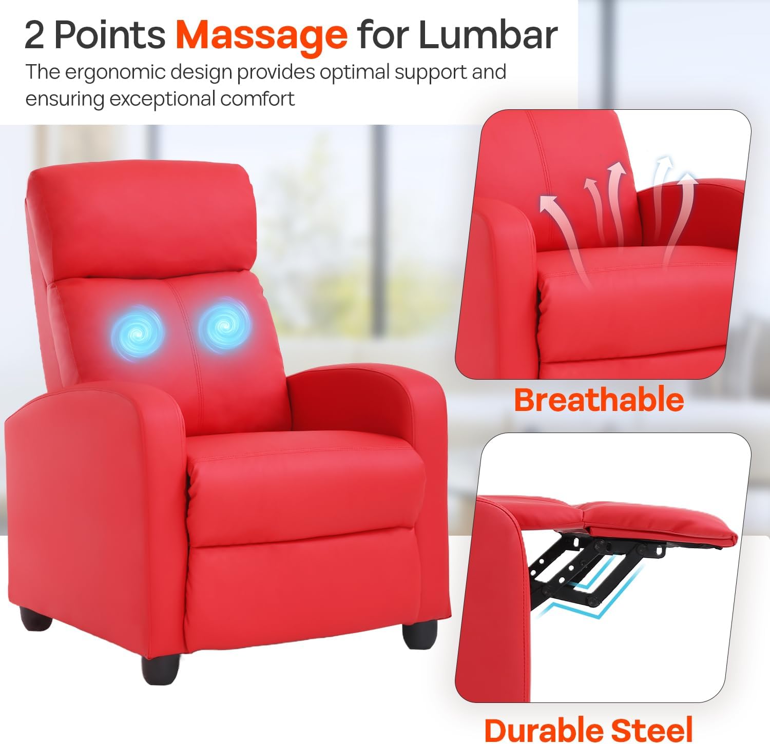 FDW Recliner Chair Massage Chair Reading Chair Reclining Sofa Home Theater Seating with Lumbar Support Massage and Padded Backrest for Living Room and Bedroom (Leather, Red)