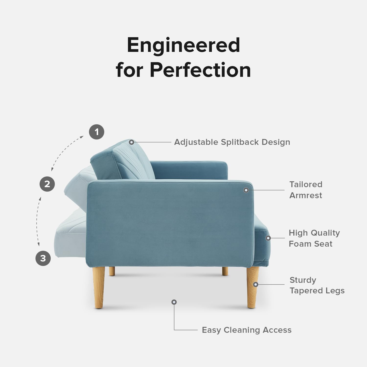 mopio 76.4' Futon Sofa Bed, Couch, Loveseat, Sleeper Sofa, Mid Century Modern Futon Couch, Sofa Cama, Couches for Living Room (Sky Blue Premium Velvet)