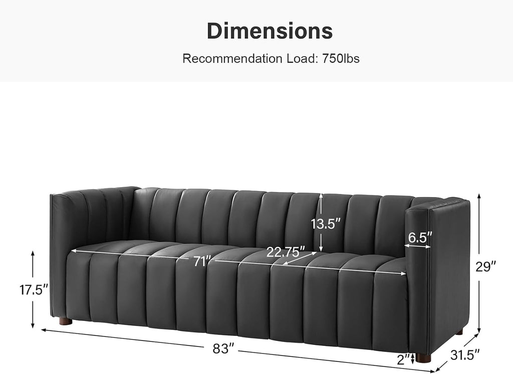 HULALA HOME 83' Genuine Leather Sofa with Channel Tufted Design, 3-Seater Sofa for Living Room Bedroom, Modern Oversized Couch with Wood Legs, Charcoal