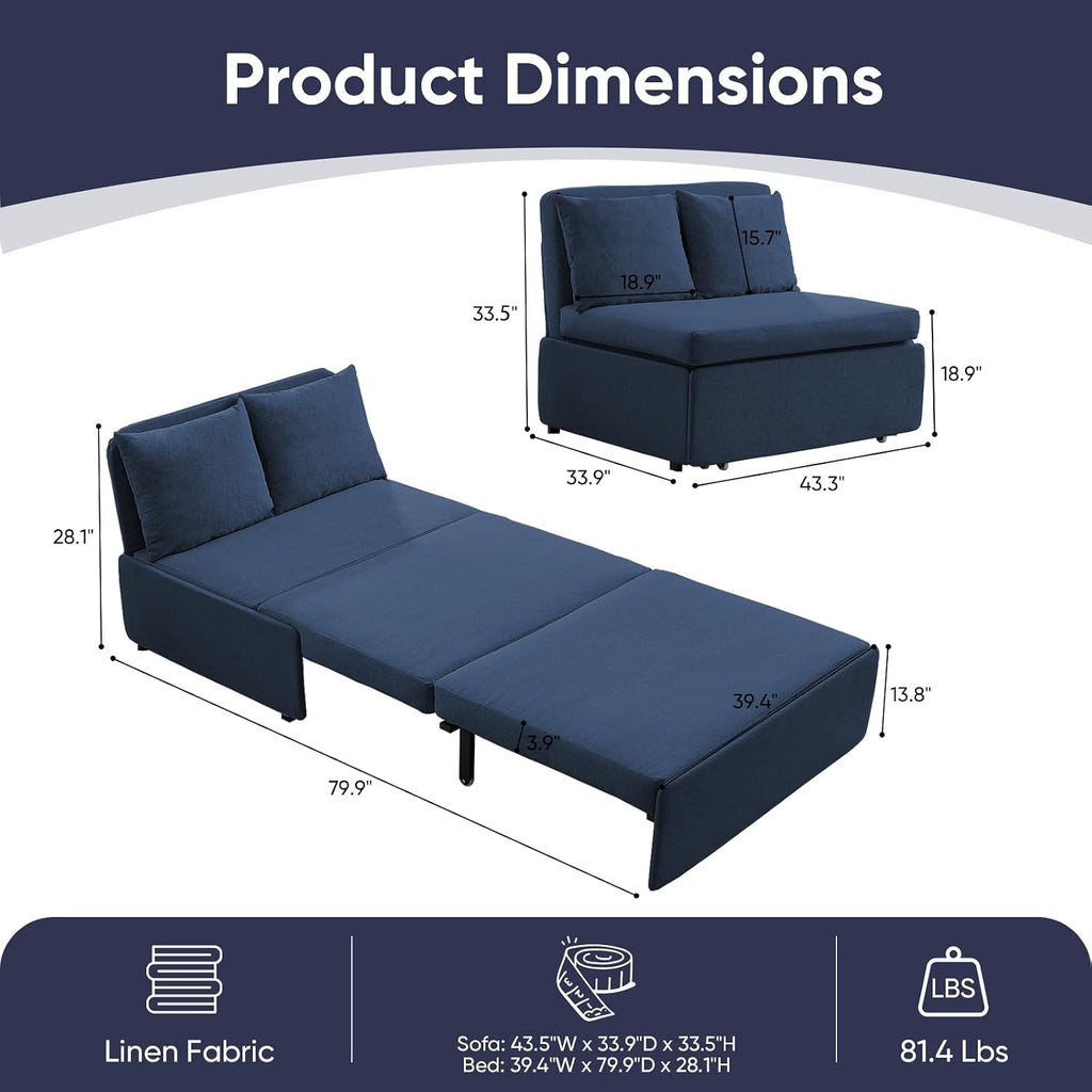 CECER 43.3' Convertible Sofa Bed，Twin Size Pull Out Sofa Bed with 2 Pillows，3 in 1 Linen Sleeper Sofa with Mattress for Small Space-Dark Blue