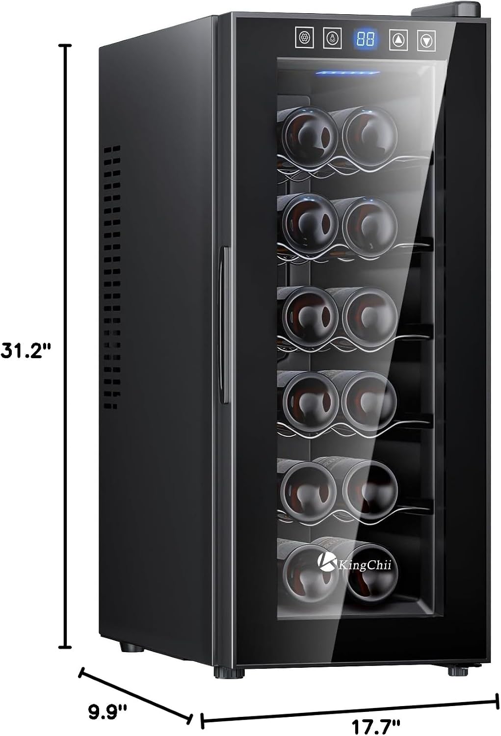 KingChii 12 Bottle Thermoelectric Wine Cooler Refrigerator Advanced Cooling Technology, Stainless Steel & Tempered Glass For Red Wine, Champagne for Home, Kitchen, or Office