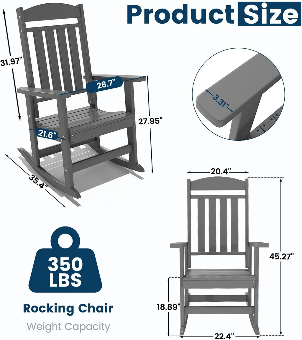 FOOWIN Outdoor Rocking Chair Set of 2, High Back Patio Rocking Chair, HDPE All Weather Resistant Porch Rocker for Adult, Oversized Rocking Chairs for Garden, Lawn, Indoor & Outdoor Use, Grey
