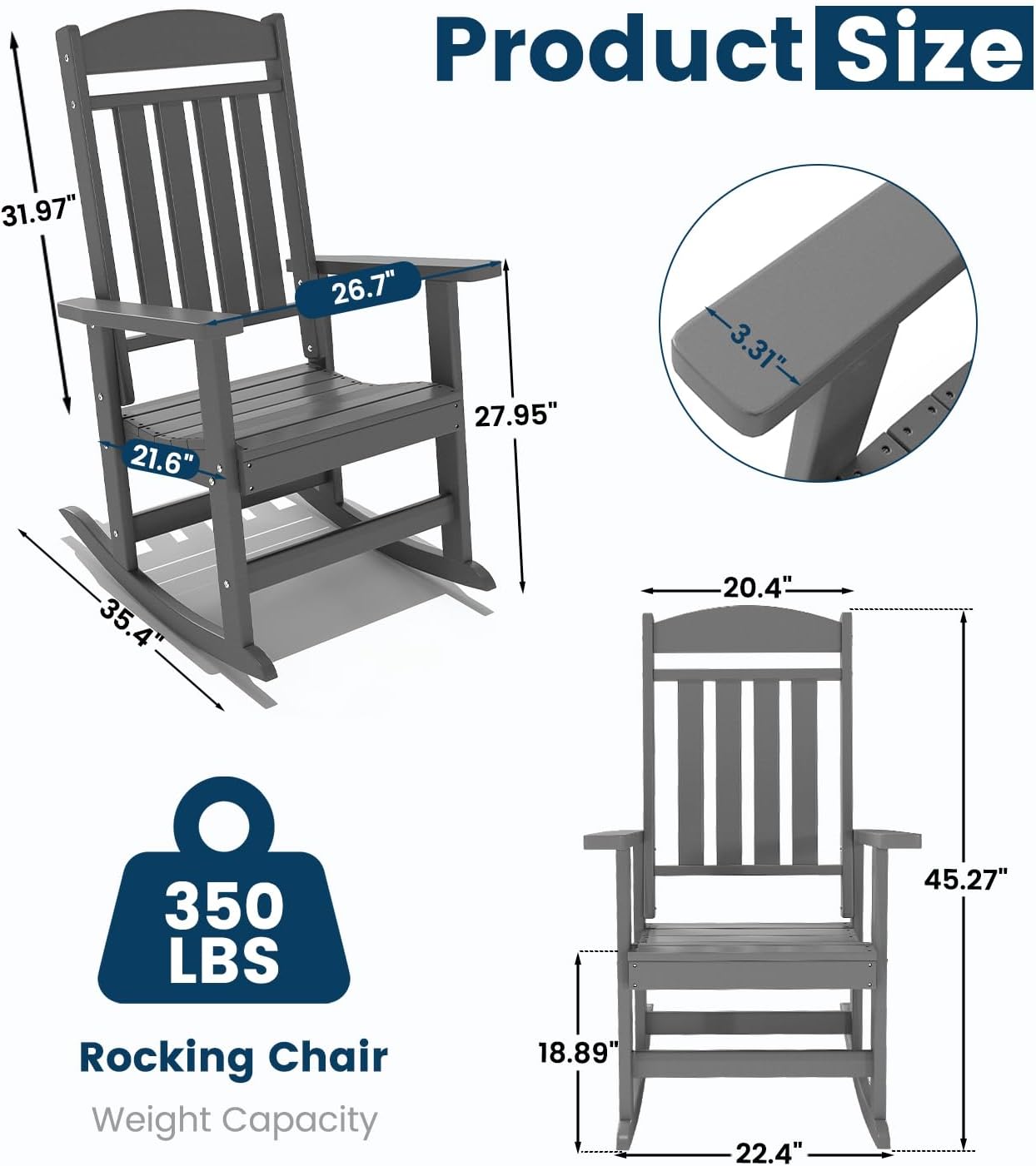 FOOWIN Outdoor Rocking Chair Set of 2, High Back Patio Rocking Chair, HDPE All Weather Resistant Porch Rocker for Adult, Oversized Rocking Chairs for Garden, Lawn, Indoor & Outdoor Use, Grey