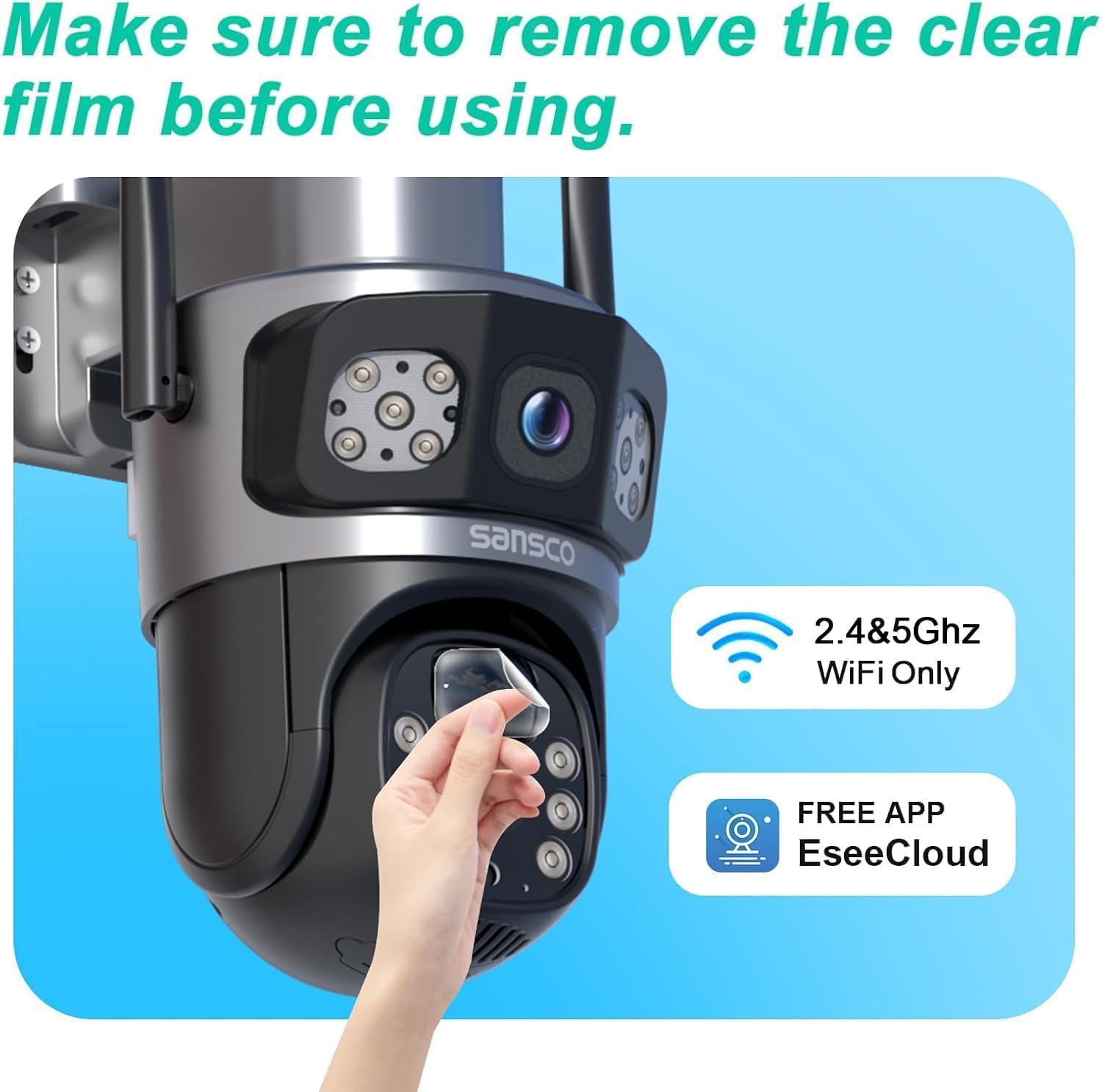 SANSCO 2K Dual Lens Solar Security Camera Wireless Outdoor, 2.4G & 5G WiFi, 360° PTZ Home Security Camera, 100% Wired Free, Spotlight Color Night Vision, 2-Way Audio, PIR Motion Detection (4 Pack)