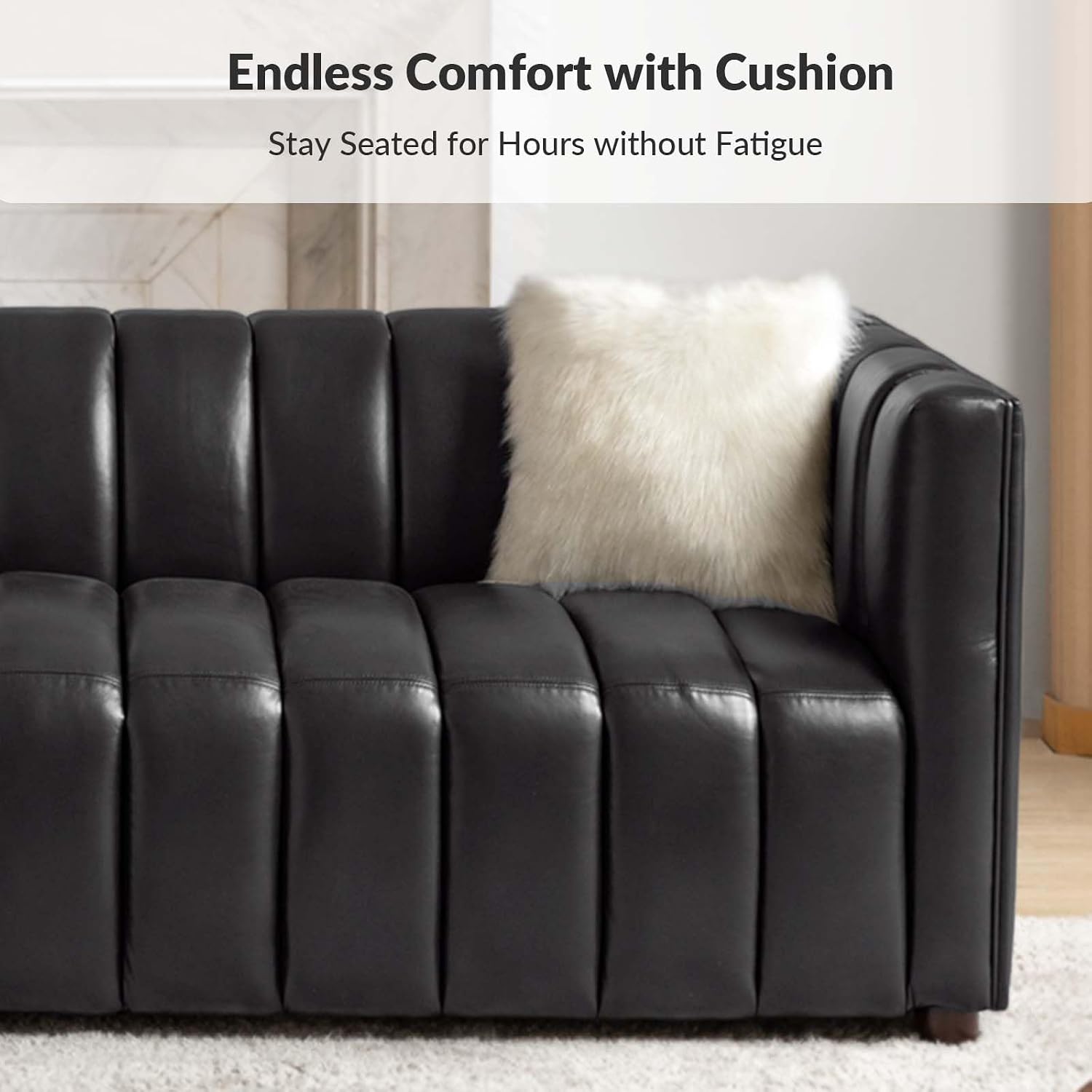 HULALA HOME 83' Genuine Leather Sofa with Channel Tufted Design, 3-Seater Sofa for Living Room Bedroom, Modern Oversized Couch with Wood Legs, Black