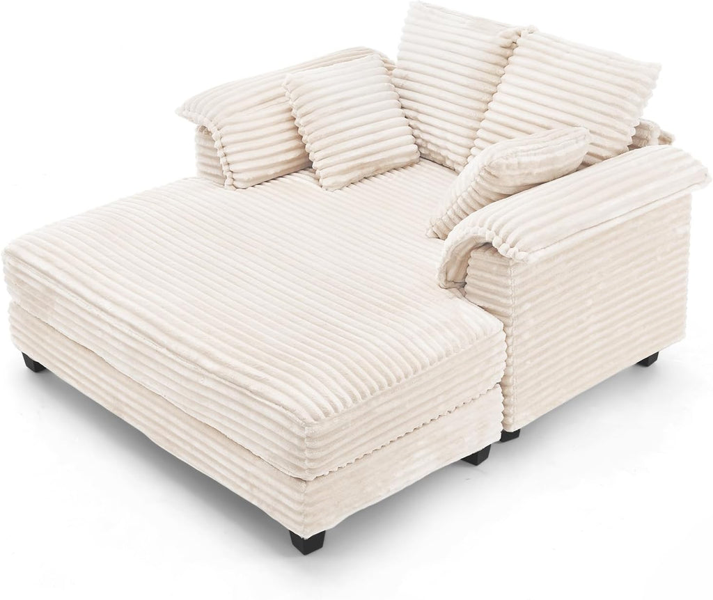 VINGLI 56' Oversized Chaise Lounge Chair, Beige Comfy Corduroy Chaise Sofa Recliner Bed Upholstered Sleeper Couch Bed with Throw Pillows and Armrests for Living Room, Movie Room, Bedroom
