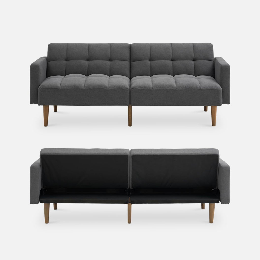 mopio Aaron 76.8' Couch, Small Futon Sofa Bed, Sleeper, Loveseat, Mid Century Modern Futon Couch, Sofa Cama, Couches for Living Room, Bedroom (Dark Grey Fabric)