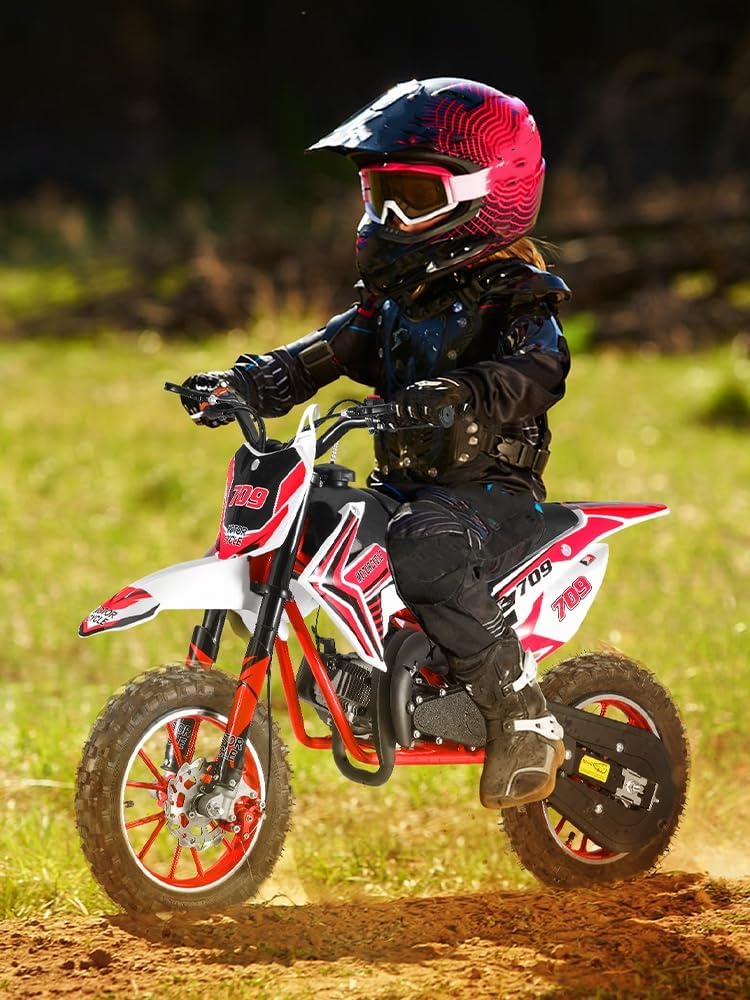 50cc Kids Dirt Bike | Gas Powered Mini Motorcycle for Ages 8-14 with 10' Off-Road Tires & Front-Rear Disc Brakes Red C
