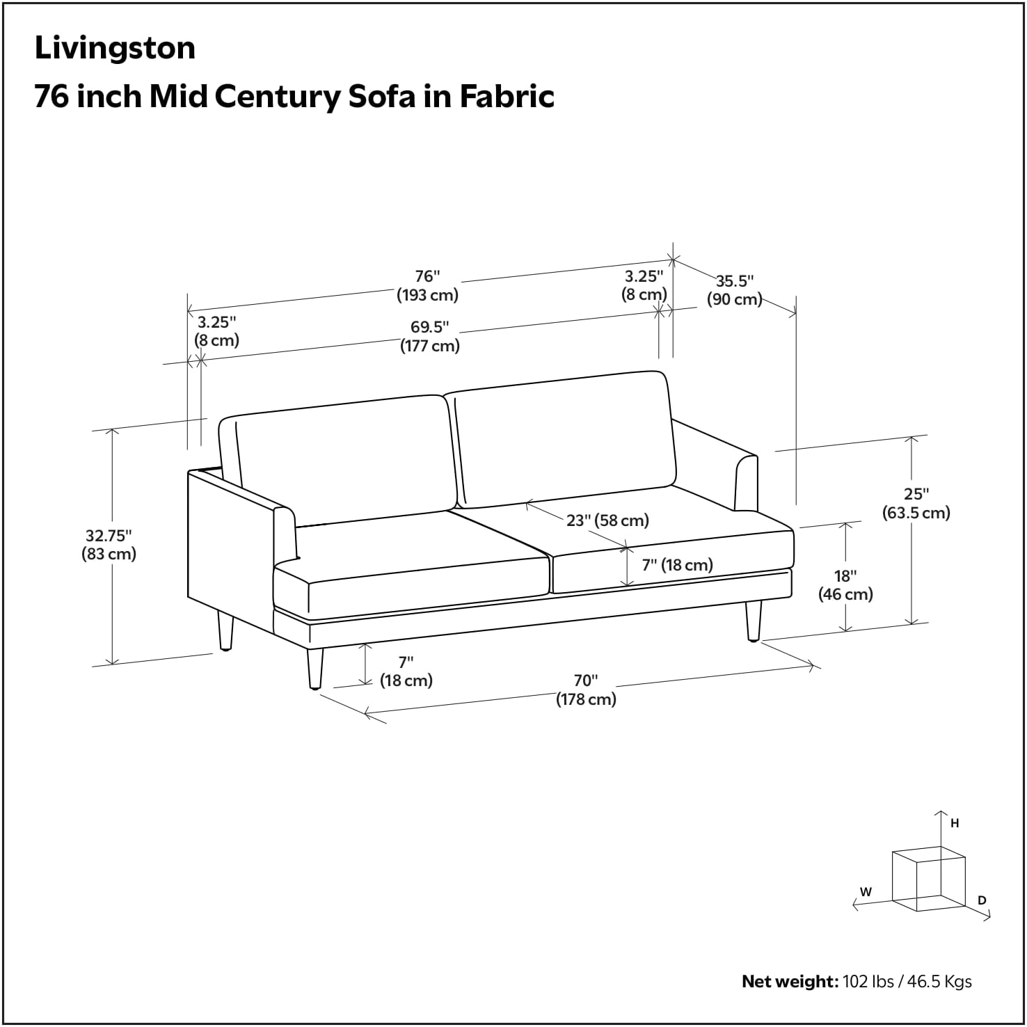 SIMPLIHOME Livingston 76' Wide x 33' High Sofa in Mist Grey Woven-Blend Fabric, Handcrafted Loveseat Couch for Living Room or Family Room, Mid-Century Modern Style, Solid Wood Frame