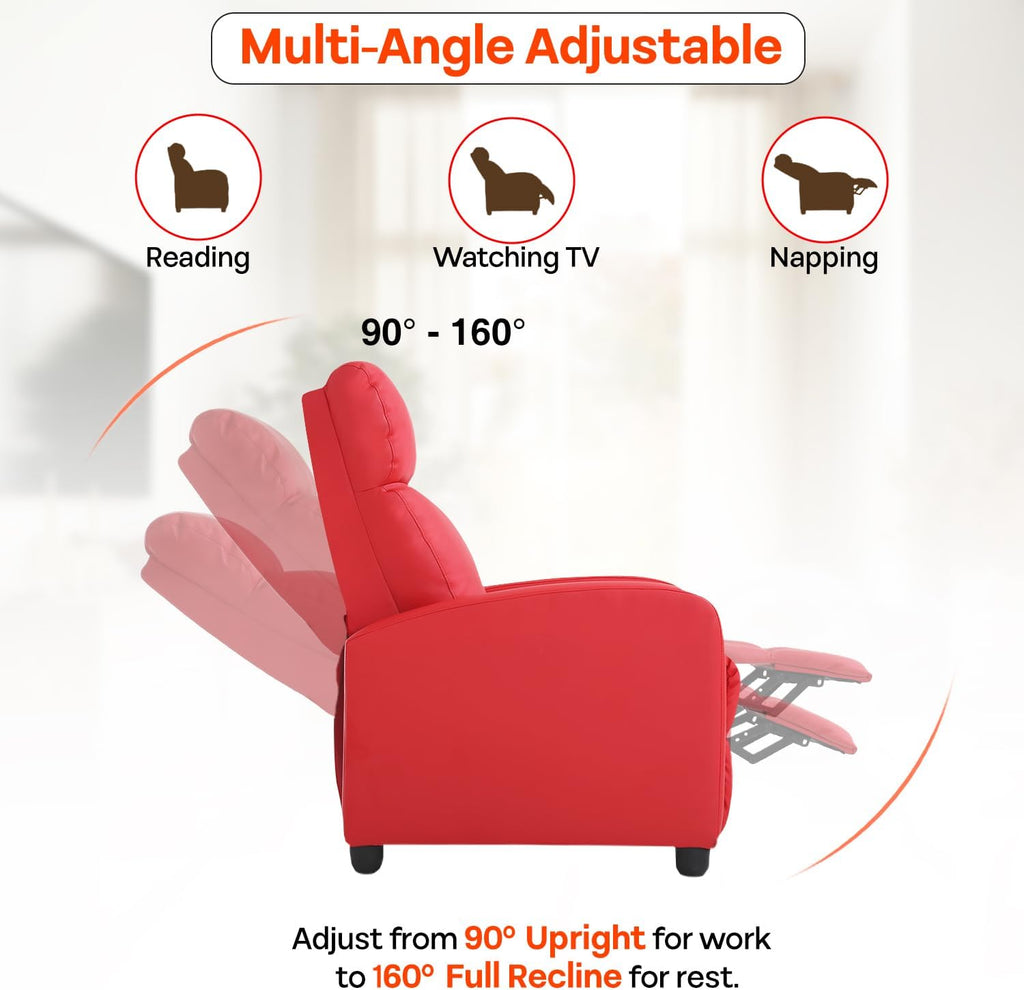 FDW Recliner Chair Massage Chair Reading Chair Reclining Sofa Home Theater Seating with Lumbar Support Massage and Padded Backrest for Living Room and Bedroom (Leather, Red)
