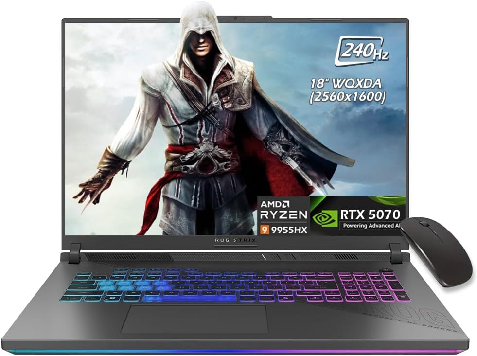 ASUS ROG Strix G18 Gaming Laptop, 18 inch 2.5K (2560x1600, WQXGA) 16:10 Display, AMD 16core Ryzen 9 9955HX, RTX5070, 32GB DDR5 RAM 1TB SSD, WiFi6E, Backlit KB, Win11, Eclipse Gray, w/Mouse, W/GaLiMu