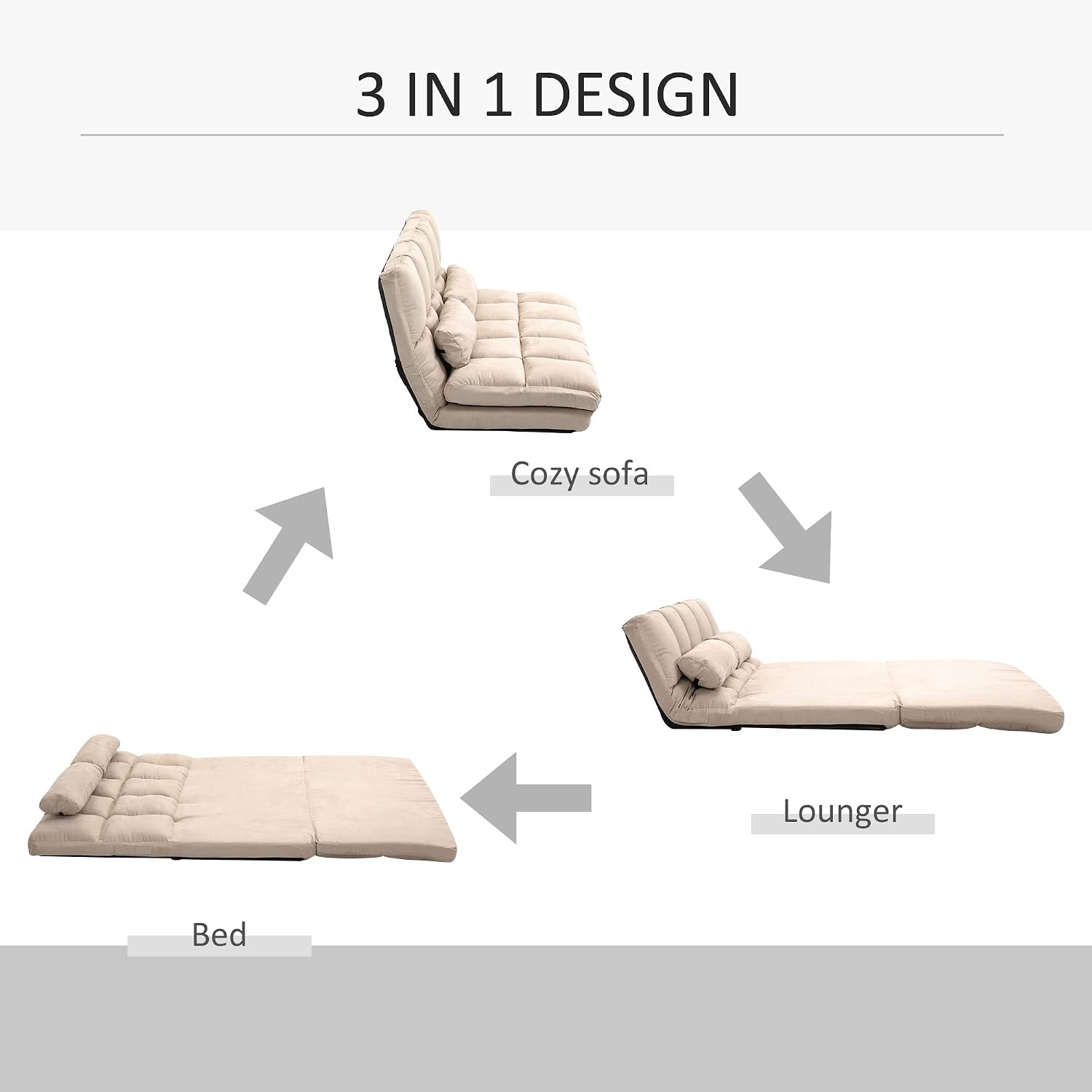 HOMCOM Convertible Floor Sofa Chair, Folding Couch Bed, Guest Chaise Lounge with 2 Pillows, Adjustable Backrest and Headrest, 51.25' L, Beige