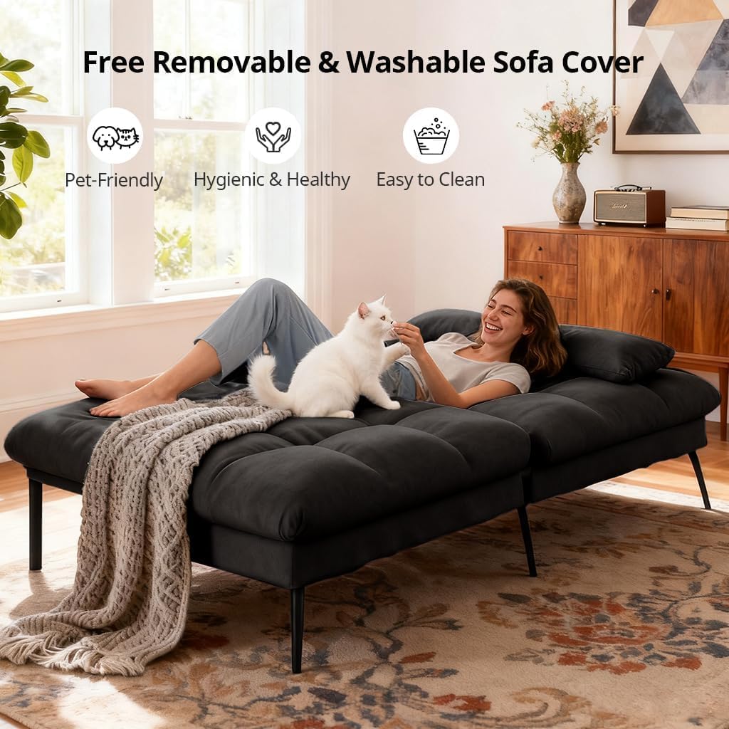 COMHOMA Convertible Futon Sofa Bed, 72″Fabric Futons Couch with Adjustable Backrest, Folding Sleeper Recliner for Living Room Furniture (Black)
