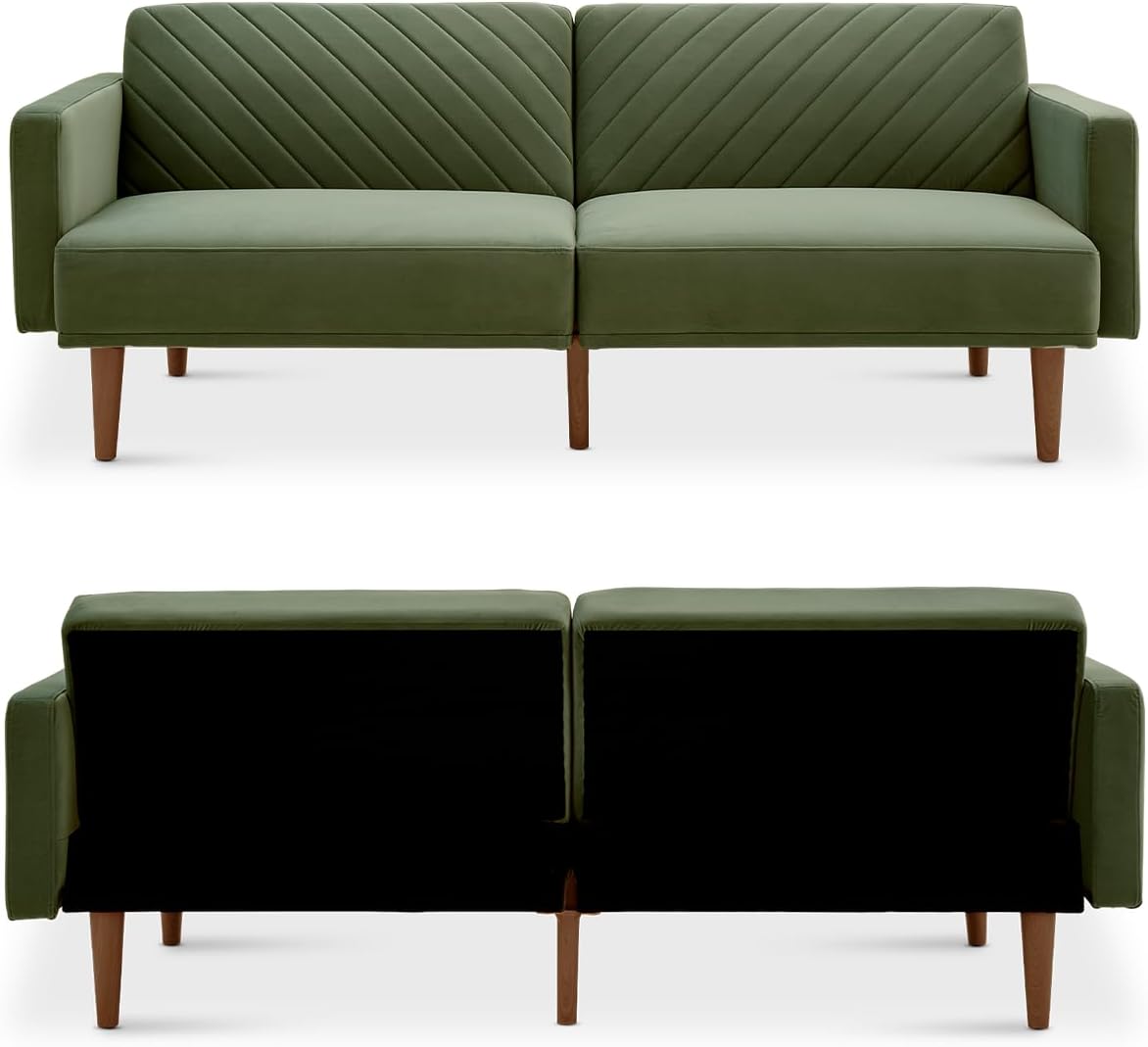 mopio 76.4' Futon Sofa Bed, Couch, Loveseat, Sleeper Sofa, Mid Century Modern Futon Couch, Sofa Cama, Couches for Living Room (Olive Green Premium Velvet)