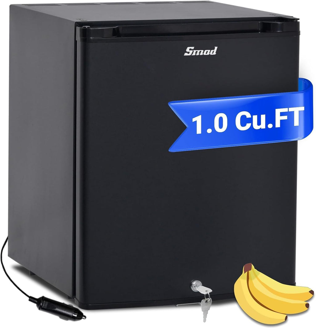 Smad Locking Mini Fridge 1.0 cu.ft, 12V RV Refrigerator 12V / 110V Super Quiet 12V Fridge Reversible Door Absorption Refrigerator for RV, Truck, Camping, Boat Use, Black