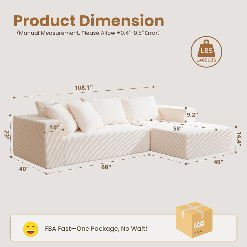 108' L-Shaped Boneless Couch, Modular Sectional Sofa with Moveable Ottoman, Corduroy Cloud Couches for Living Room, No Assembly, Ship in a Box, Beige