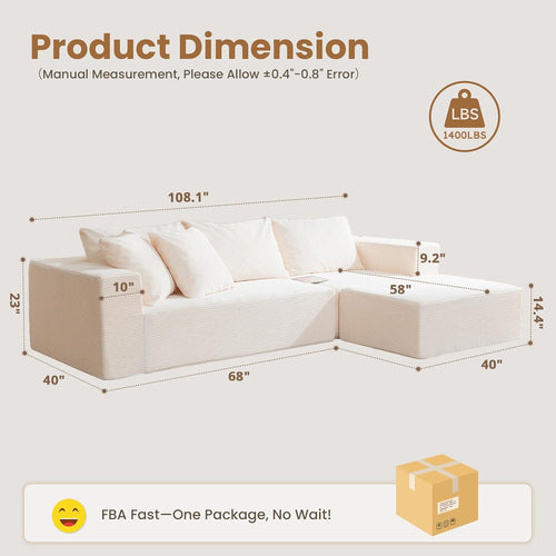 108' L-Shaped Boneless Couch, Modular Sectional Sofa with Moveable Ottoman, Corduroy Cloud Couches for Living Room, No Assembly, Ship in a Box, Beige
