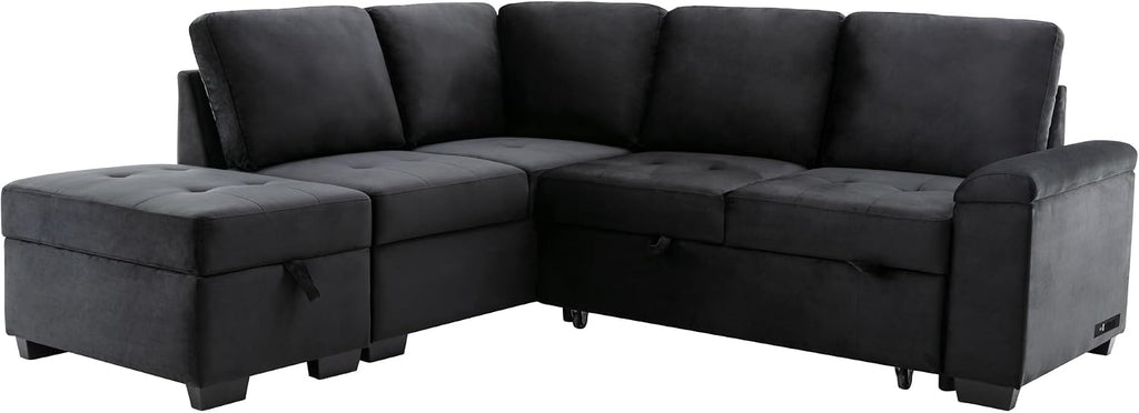 LUMISOL 87.4' Convertible Sleeper Sofa Bed with Storage Ottoman, L-Shaped Sectional Sofa with Storage Arm & Charging Stations, Pull Out Sofa Couch with Chaise for Living Room, Black