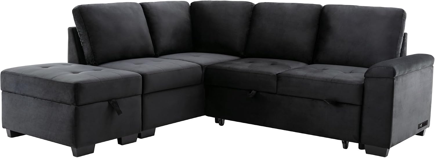 LUMISOL 87.4' Convertible Sleeper Sofa Bed with Storage Ottoman, L-Shaped Sectional Sofa with Storage Arm & Charging Stations, Pull Out Sofa Couch with Chaise for Living Room, Black