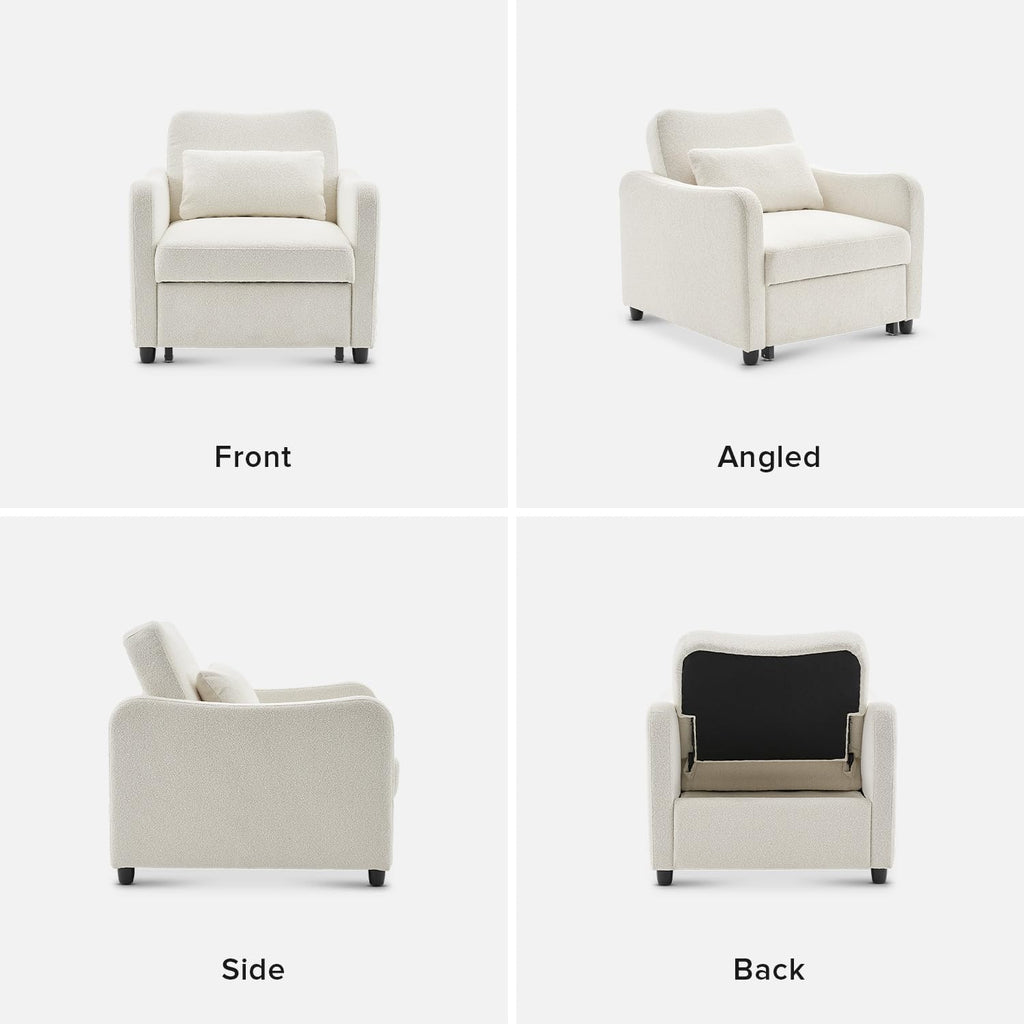 mopio Sophie 4-in-1 Convertible Sleeper Chair Bed, Accent Chair, Chaise Lounge, Comfy Reading Armchair, Pull Out Sofa Bed with Adjustable Backrest for Living Room, Bedroom (Pearl White Boucle)
