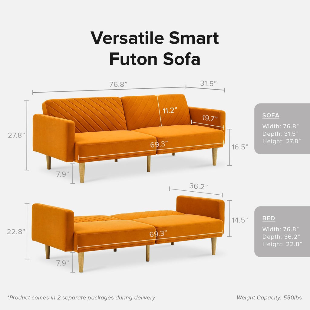 mopio 76.4' Futon Sofa Bed, Couch, Loveseat, Sleeper Sofa, Mid Century Modern Futon Couch, Sofa Cama, Couches for Living Room (Apricot Velvet)