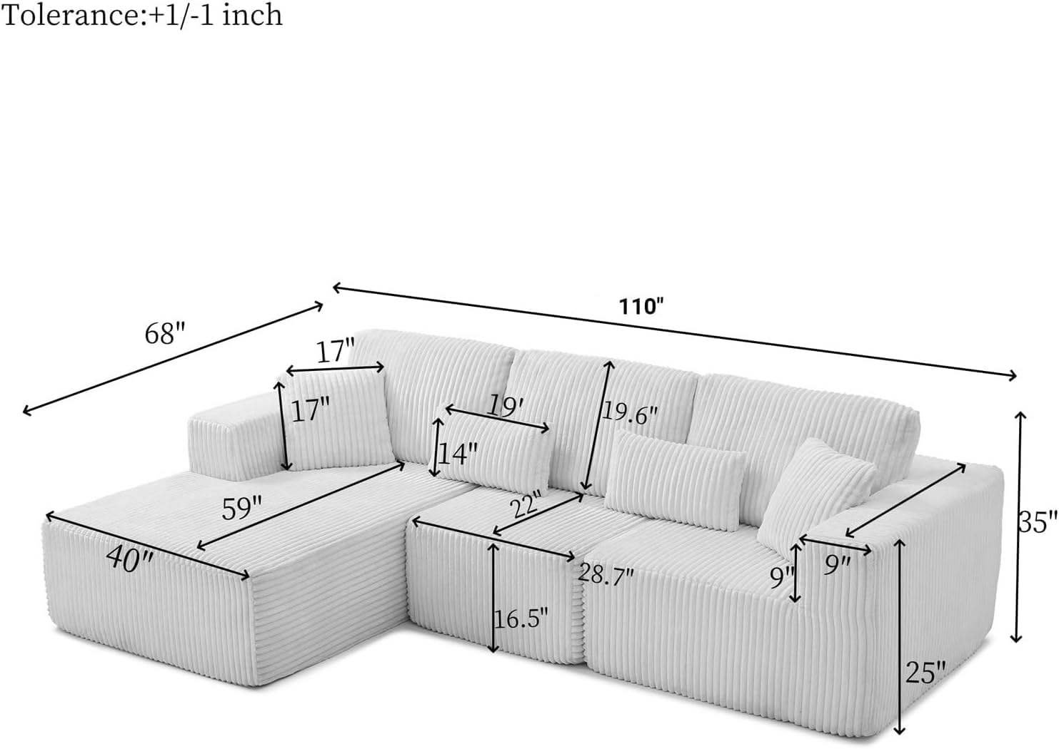 110' Modular Sectional Sofa, Cloud Sectional Couch with Deep Seat, Upholstered Boneless Couches for Living Room, Modern Modular L-Shape Sofa Couch with Chaise (Beige, 110' Left Facing Chaise)