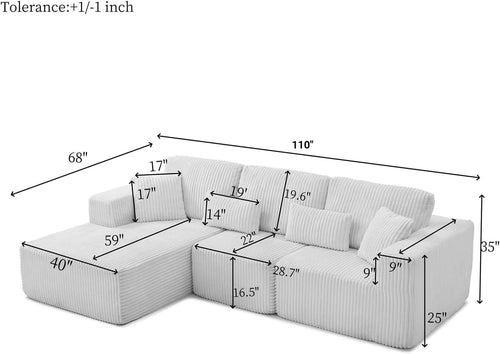 110' Modular Sectional Sofa, Cloud Sectional Couch with Deep Seat, Upholstered Boneless Couches for Living Room, Modern Modular L-Shape Sofa Couch with Chaise (Beige, 110' Left Facing Chaise)