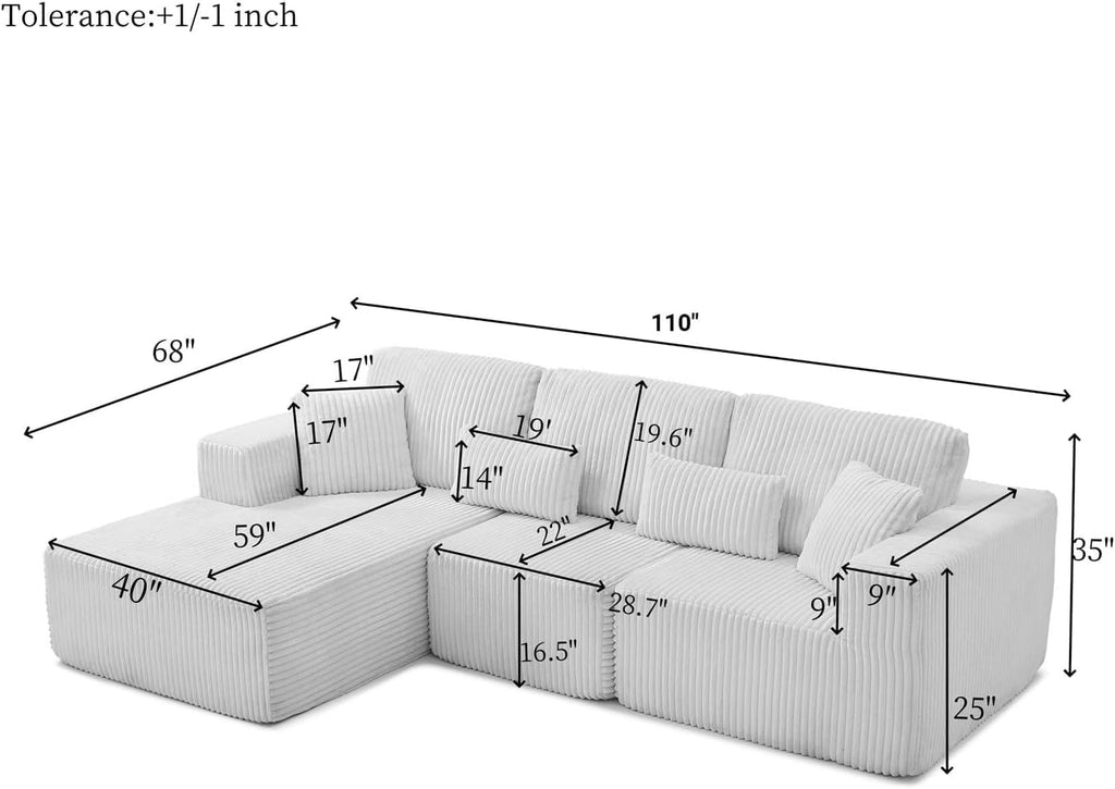 110' Modular Sectional Sofa, Cloud Sectional Couch with Deep Seat, Upholstered Boneless Couches for Living Room, Modern Modular L-Shape Sofa Couch with Chaise (Beige, 110' Right Facing Chaise)