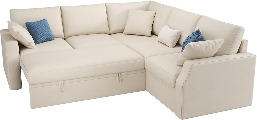 AMERLIFE 85 Inch Sofa Bed, Oversized L Shape Couch with Pull Out Bed & Storage Seat, Oversized Reversible Sleeper Sofa for Living Room Apartment, Beige Linen Couch