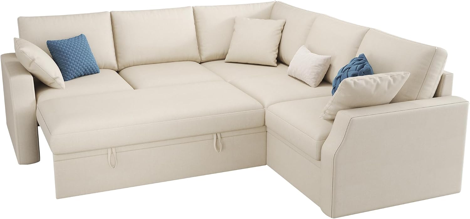 AMERLIFE 85 Inch Sofa Bed, Oversized L Shape Couch with Pull Out Bed & Storage Seat, Oversized Reversible Sleeper Sofa for Living Room Apartment, Beige Linen Couch