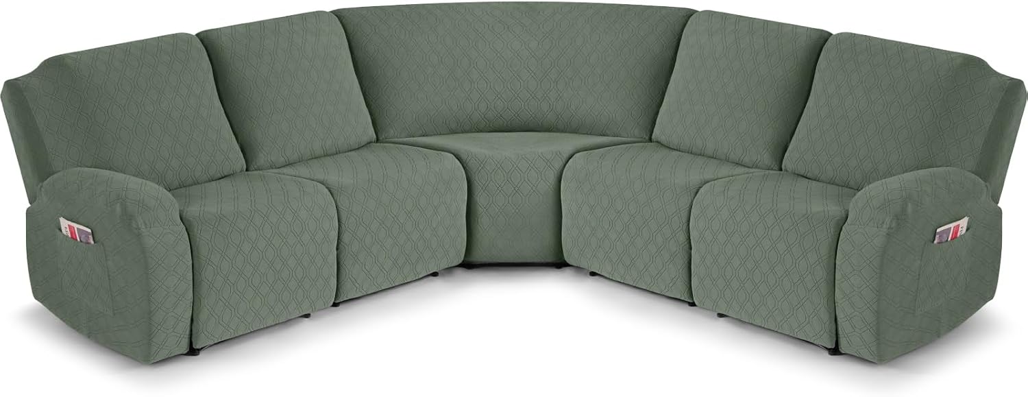 VANSOFY Extra Large Reclining Sectional Couch Covers, Washable 5-Piece Sofa Covers for L Shape Sectional Sofa Corner Seater, Thick, Soft Sofa Slipcovers (5 Seat Recliner Cover, Green)