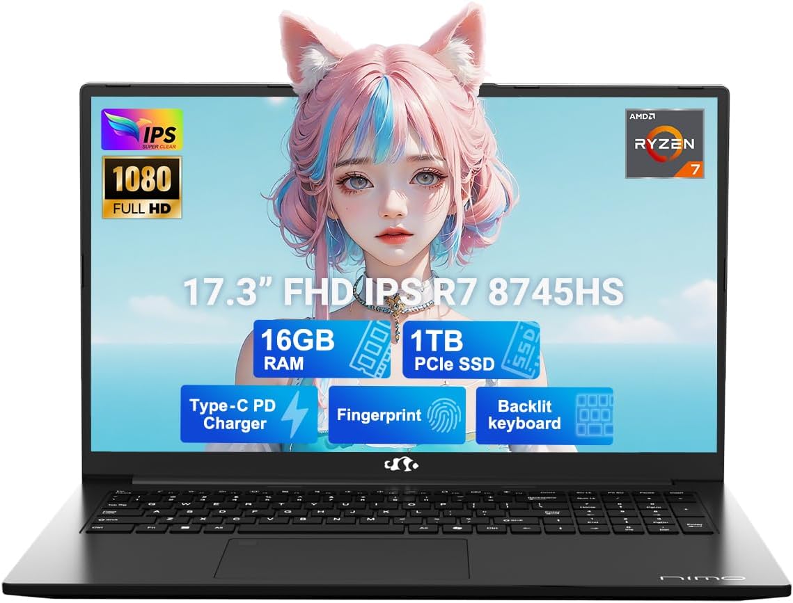 NIMO 17.3' IPS FHD-Gaming-Laptop, AMD Ryzen 7 8745HS 16GB DDR5 RAM 1TB SSD (8C/16T, up to 4.9GHz) Radeon 780M Graphics Business Computer with 100W Type-C Backlit Keyboard, Fingerprint USB-C 4.0