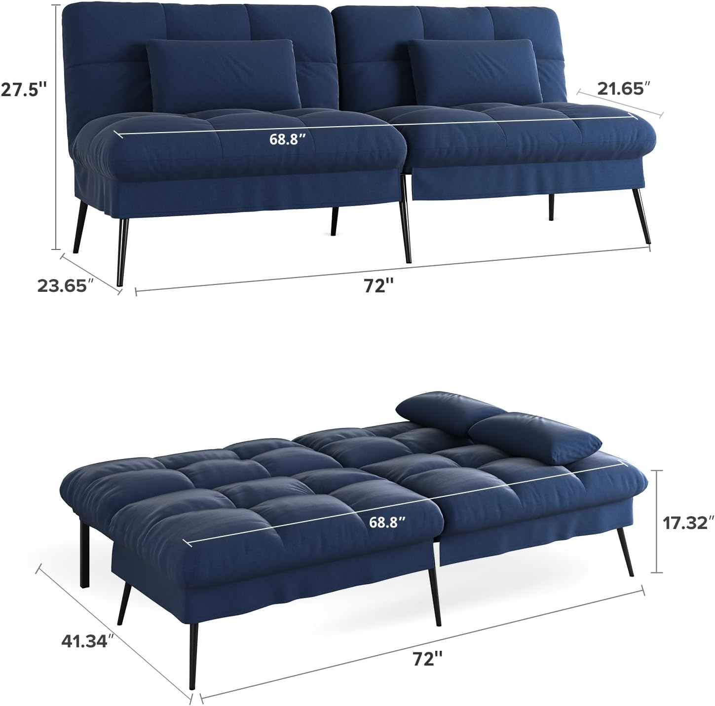 COMHOMA Convertible Futon Sofa Bed, 72″Fabric Futons Couch with Adjustable Backrest, Folding Sleeper Recliner for Living Room Furniture (Blue)