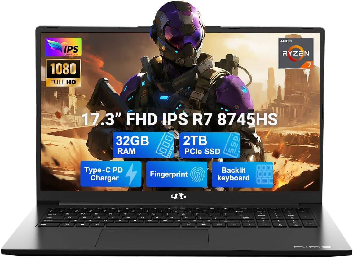 NIMO 17.3' Light-Gaming-Laptop, 8 Cores AMD Ryzen 7 8745HS 32GB DDR5 RAM 2TB SSD (Beat R9 6900HX, up to 4.9GHz) Radeon 780M Graphics IPS FHD Computer with 100W Type-C Fingerprint, Backlit Keyboard